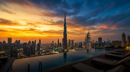 Cinematic Dubai skyline at sunset with Burj Khalifa