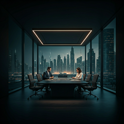Luxury boardroom overlooking Dubai skyline